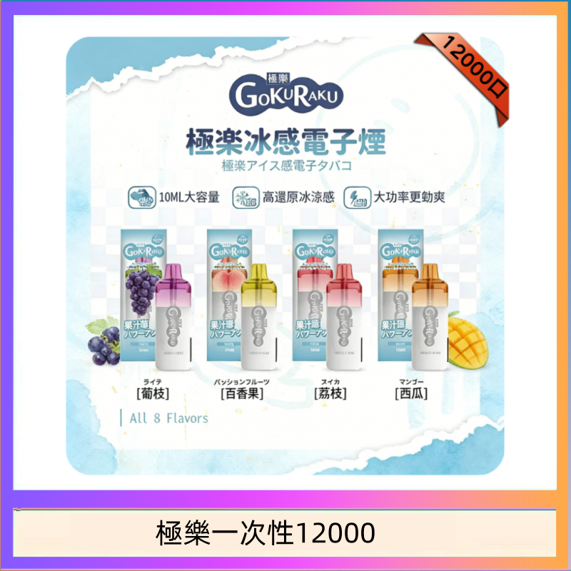 【8種口味】極楽 12000口一次性電子煙|超大容量 |口感絲滑|新品